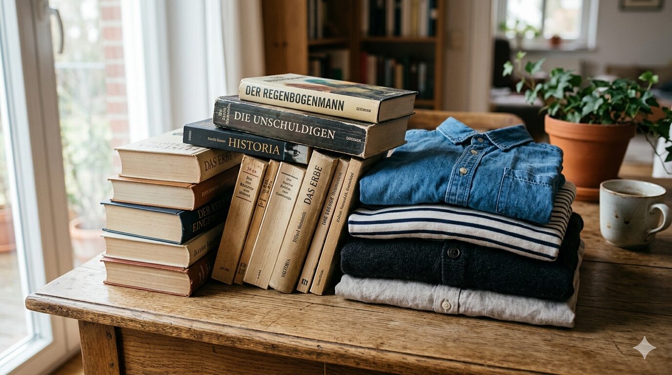 Stapel gebrauchter Bücher und gefaltete Kleidung als Symbol für Secondhand kaufen und Geld sparen