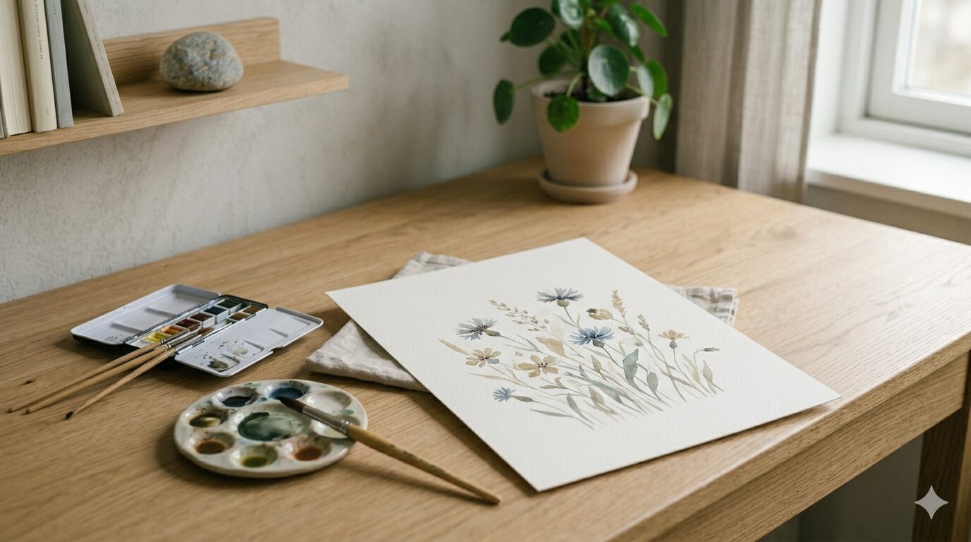 Aquarellfarben und ein gemaltes Blumenmotiv auf einem Tisch – günstige Hobbys für Entspannung