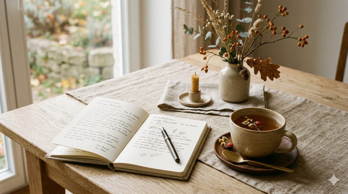 Herbstlich gedeckter Tisch mit Notizbuch und Tasse Tee – Herbst-Finanzcheck und Verträge prüfen