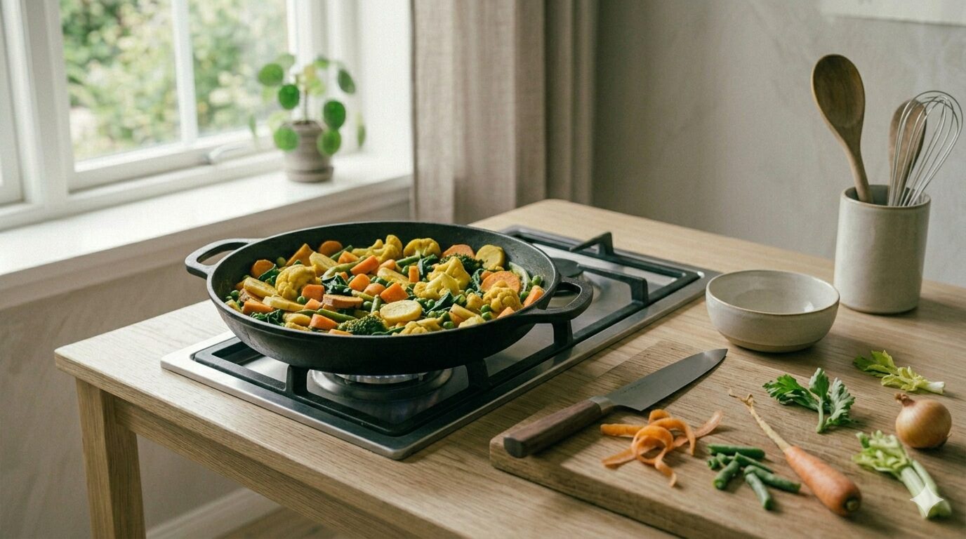 Gemüsecurry in einer Pfanne mit verschiedenen Gemüseresten – Kochen mit Resten und weniger wegwerfen