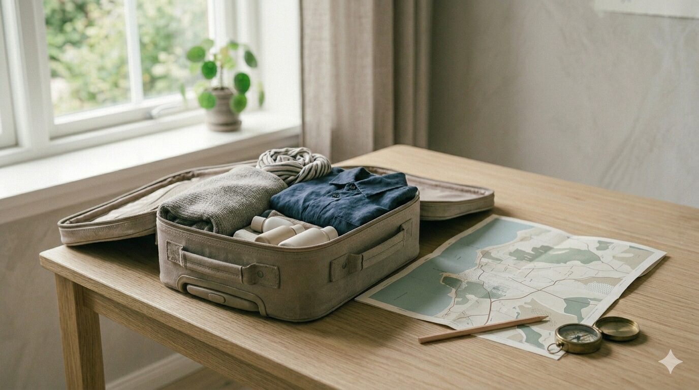 Gepackter Koffer und Landkarte auf einem Tisch – Last Minute reisen und spontane Kurztrips planen