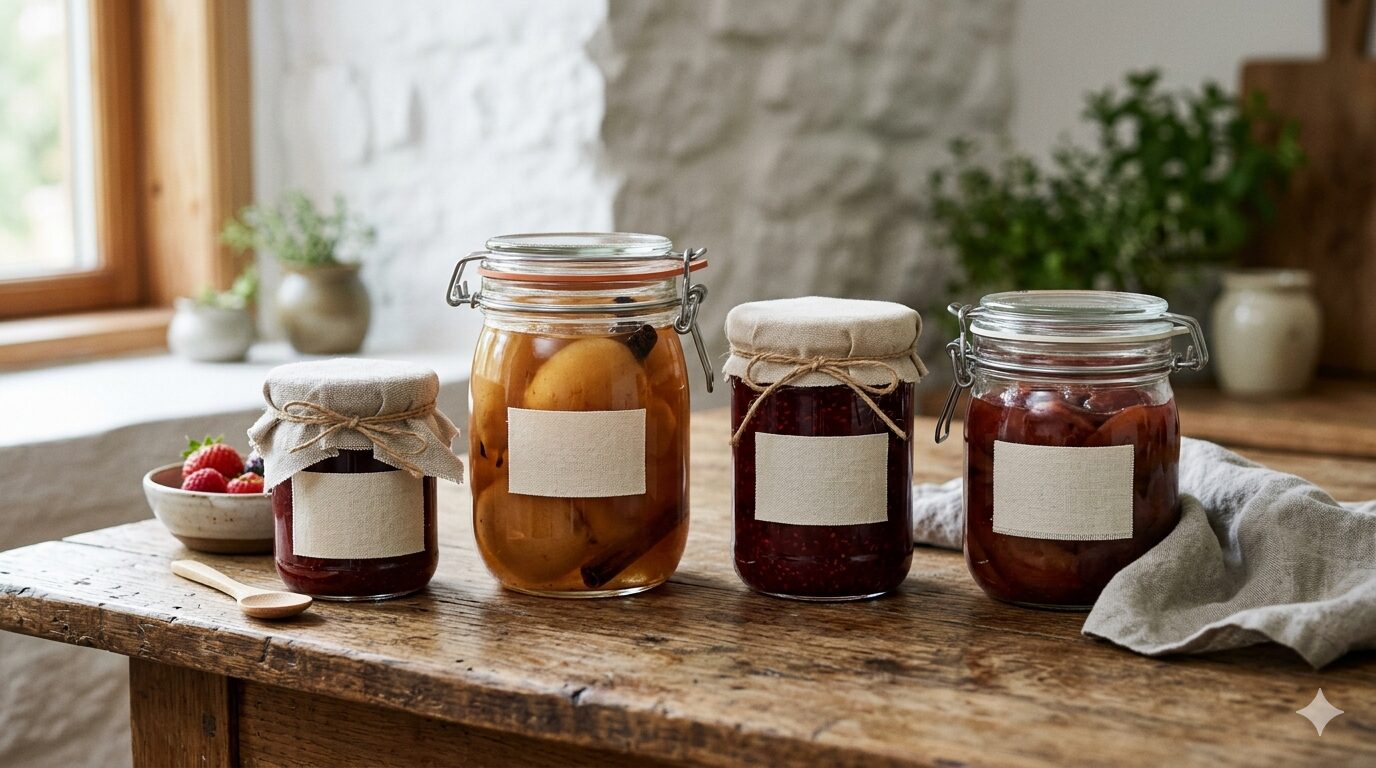 Einmachgläser mit Marmelade und eingekochtem Obst auf einem Holztisch – Lebensmittel haltbar machen. Vorräte anlegen.