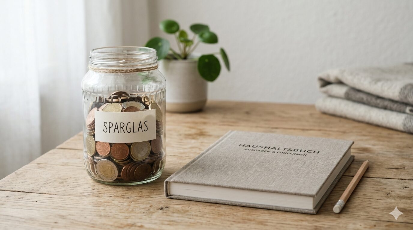 Wie ich mit wenig Geld trotzdem Rücklagen bilde Sparglas mit Münzen neben einem Haushaltsbuch – Rücklagen bilden mit wenig Geld